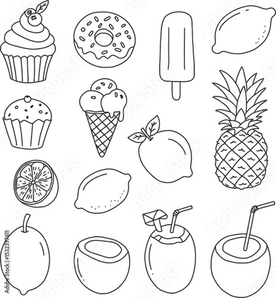 Fototapeta This collection of line art features sweet summer treats like cupcakes, donuts, and ice cream alongside tropical fruits like pineapples, lemons, and coconuts, perfect for a coloring page.