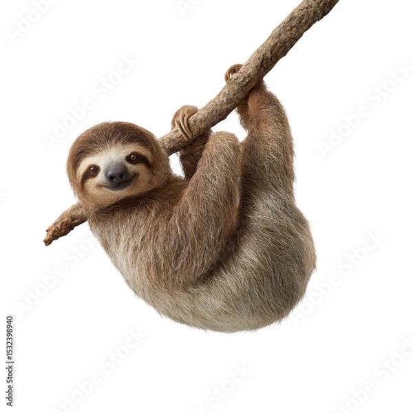 Fototapeta A cute sloth hanging upside down from a branch with a black background looking at the camera smiling
