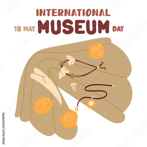 Fototapeta International Museum Day on May 18. Leather tusk, coins, pendant, necklace. Flat color illustration for use in posters, articles, and social media related to science and history. banner