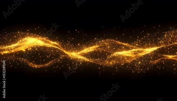 Fototapeta Gold glitter particles flowing in wavy lines on a black background.