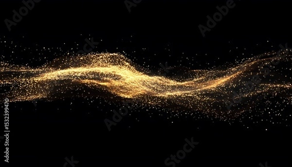 Fototapeta Abstract design of golden particles flowing on a black background.