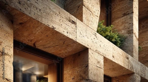 Obraz Architectural detail featuring travertine stone facade and window frame elements