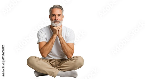 Obraz Happy mature man in lotus position isolated PNG with Transparent Background