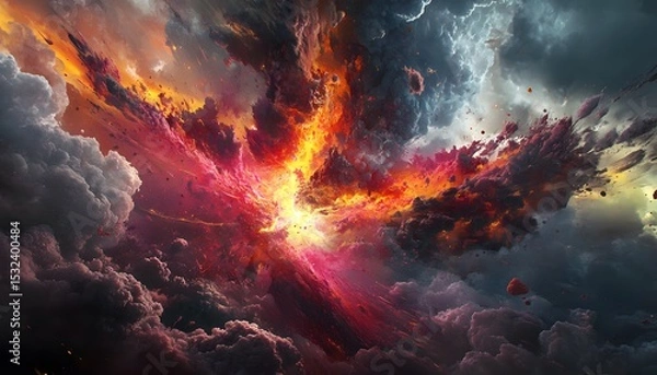 Fototapeta A vibrant display of fiery cloudscapes in a cosmic explosion.