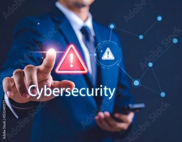 Fototapeta Cybersecurity alert concept showing data protection, security risk, and digital threat warning with online hacker prevention and IT network defense.