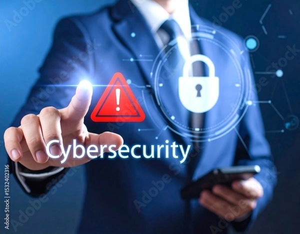 Fototapeta Cybersecurity alert concept showing data protection, security risk, and digital threat warning with online hacker prevention and IT network defense.