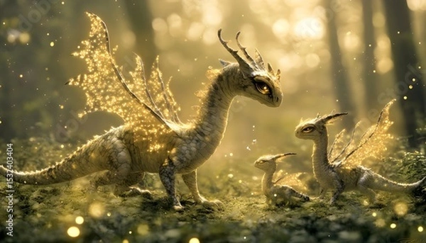 Fototapeta Three fantasy dragons in a forest setting.