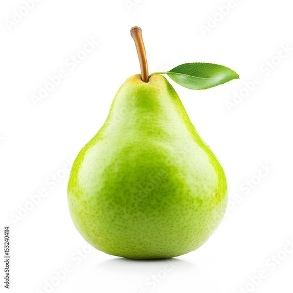 Fototapeta Juicy Green Pear with Leaf Isolated on White Background