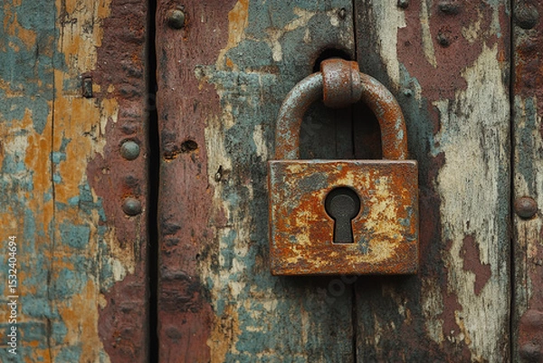 Fototapeta Rusty padlock on weathered wood door old texture grunge background