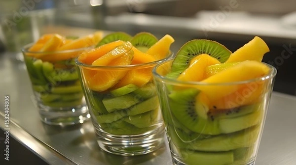 Fototapeta Delicious Fresh Fruit Salad in Glasses, Kiwi and Orange Slices