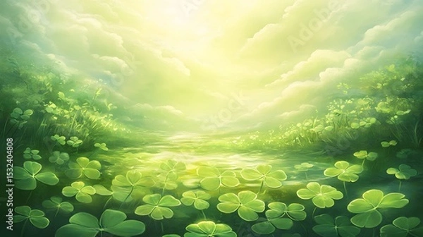 Fototapeta Enchanted Green Meadow Landscape with Four Leaf Clovers