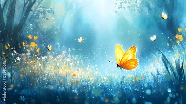 Fototapeta Enchanted Forest Meadow with Golden Butterfly