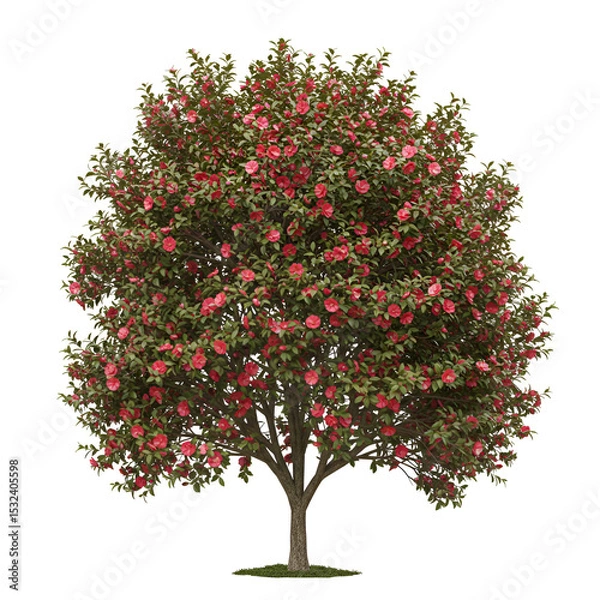 Fototapeta Camellia Tree with Pink to Red Blooms Isolated on White Background