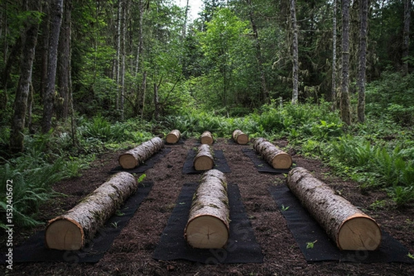 Fototapeta Forest logs arranged in rows on dark ground