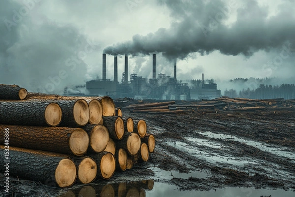 Fototapeta Logs stacked near a polluting factory emitting dark smoke into a cloudy sky