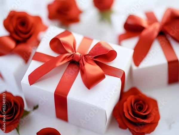 Fototapeta Romantic White Gift Boxes with Red Ribbon and Roses