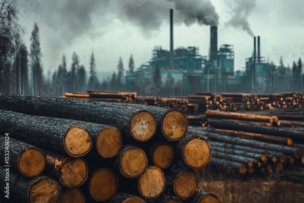 Fototapeta Stacked logs in forest with industrial plant in background smoky sky
