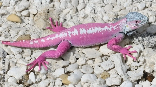 Fototapeta Vibrant Pink Iguana Lizard on White Rocks, Reptile, Exotic Pet