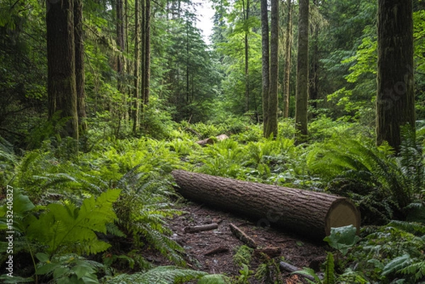 Fototapeta Fallen log in lush green forest tall trees ferns sunlight path