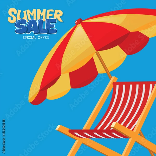 Fototapeta Striped Deck Chair with Beach Umbrella Vector Illustration. The scene evokes a relaxing summer day at the beach, ideal for travel ads, vacation brochures, and summer-themed designs.
