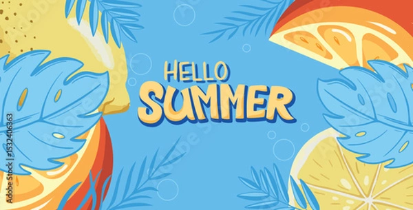 Fototapeta Hello Summer Background with Tropical Leaves, Fruits, Popsicles. Vector illustration of flyer, brochure and ads. Happy summer background.