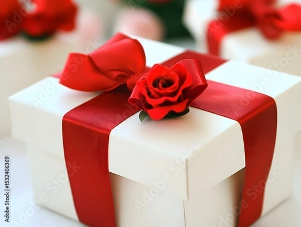 Fototapeta Elegant White Gift Box with Red Ribbon and Rose