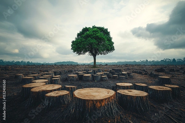 Fototapeta Lone tree stands tall amidst a field of tree stumps a stark contrast of life and deforestation