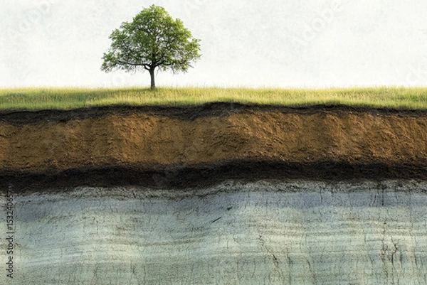 Fototapeta A lone tree stands atop a grassy hill revealing layers of earth below