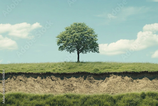 Fototapeta Lonely tree on grassy hill revealing earth below blue sky with clouds