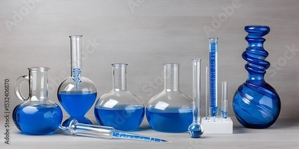 Fototapeta Blue Liquid in Glass Laboratory Flasks and Beaker Science Experiment