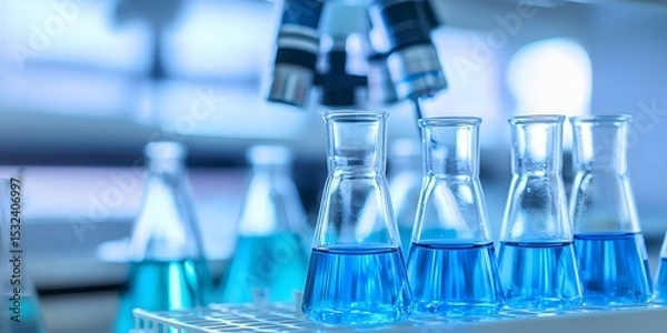 Fototapeta Laboratory Erlenmeyer Flasks with Blue Liquid Science Experiment