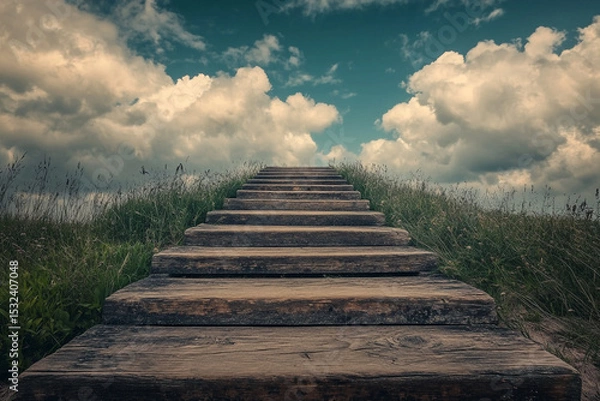Fototapeta Wooden steps leading upwards towards a cloudy sky a grassy path