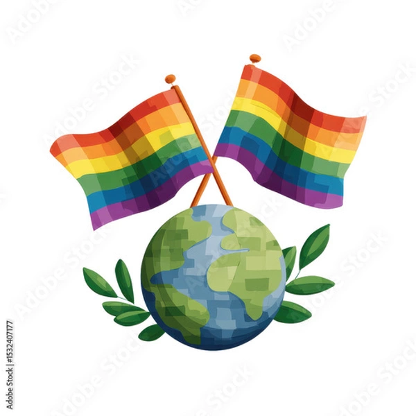 Fototapeta Celebrating Global Inclusion: Vibrant rainbow flags wave proudly above a representation of the Earth. a symbol of universal acceptance.