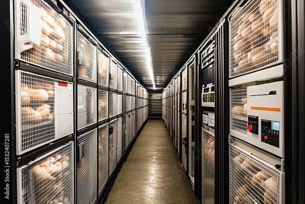 Fototapeta Long corridor of caged items in a storage facility interior view