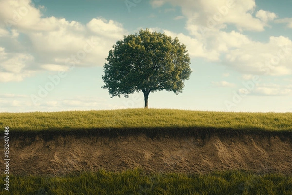 Fototapeta Solitary tree on grassy hill revealing soil beneath