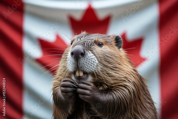 Fototapeta  majestic beaver diligently working on its dam in a serene Canadian natural environment, showcasing its industrious nature and vital role as an ecosystem engineer