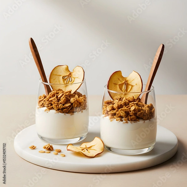 Obraz Two clear glasses of yogurt topped with granola and dried apple slices are presented on a white circular tray. Generative AI.