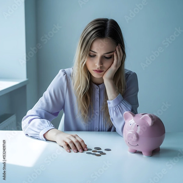 Obraz A young adult woman appears sad, looking at a few coins on a table next to a piggy bank. Generative AI.