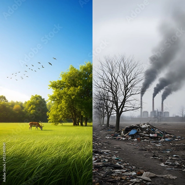 Obraz A split image contrasts a healthy natural environment with a deer and a polluted environment with trash and smoke. Generative AI.