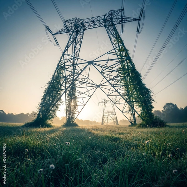 Obraz Power lines and transmission towers, partially overgrown with vibrant green vines, stand majestically in a dewy field at sunrise. Generative AI.