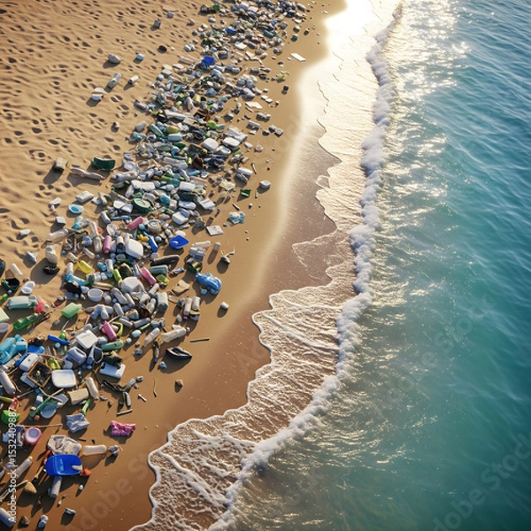 Obraz An aerial view shows a beautiful sandy beach covered in a large amount of plastic waste and litter along the ocean's edge. Generative AI.