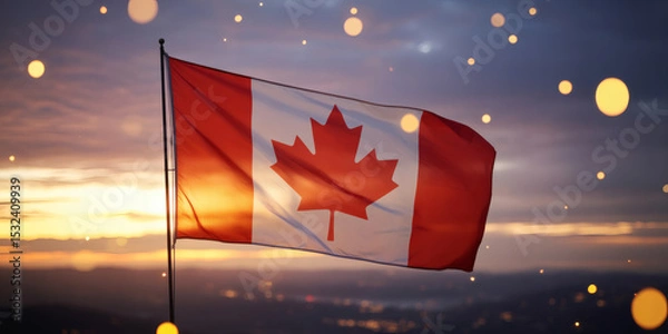 Fototapeta Dramatic long exposure of the Canadian flag waving proudly against a vibrant sunset sky, illuminated by warm, ethereal bokeh lights, capturing national spirit
