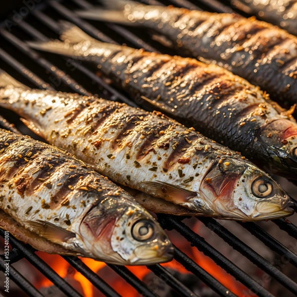 Obraz whole grilled sardines with visible char marks and seasoning are cooking on a metal barbecue grate over hot embers. Generative AI.