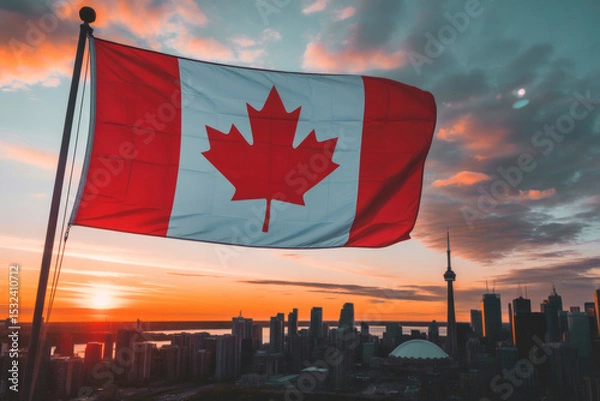 Fototapeta Striking image of the Canadian flag waving majestically against a vibrant sunset over a city skyline, featuring prominent architectural landmarks and a dramatic sky.