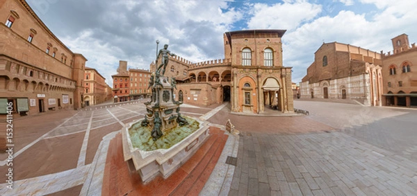 Fototapeta top view of Neptune Fountain in Piazza Maggiore square with Palazzo Accursio Municipal Palace and San Petronio Basilica of Bologna city in north Italy. 360-degrees panorama without people