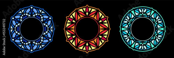 Fototapeta Stained glass round frames collection, circle shape patterns set, medieval gothic rose window mandala ornament, tracery. Radial floral motive design element. Colorful mosaic decoration, background