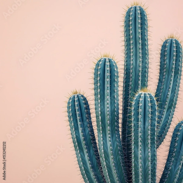 Fototapeta Several tall, spiny blue cacti stand vibrantly against a soft, plain pink background, creating a modern, minimalist composition. Generative AI.