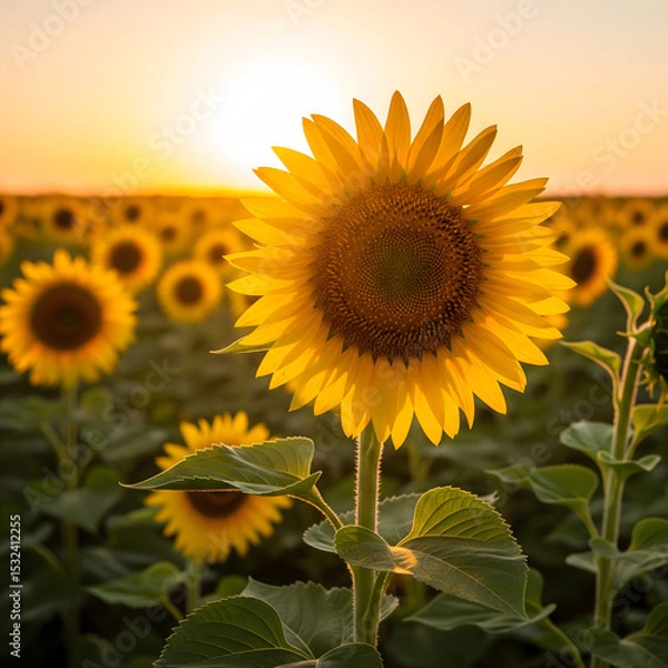 Obraz A large, radiant yellow sunflower stands prominently in the foreground, with a soft, golden sunset illuminating a blurred field behind it. Generative AI.