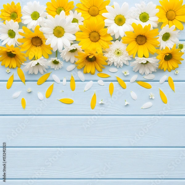 Obraz A cheerful border of yellow and white daisies with scattered petals adorns the top of a light blue wooden background. Generative AI.