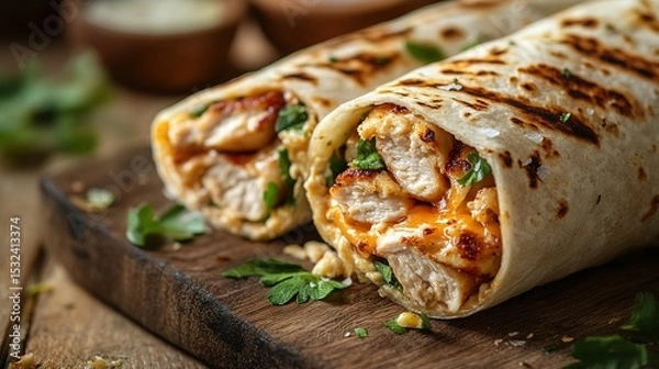 Fototapeta Delicious grilled chicken wraps stuffed with fresh herbs and spices, served on a wooden board for a rustic presentation.